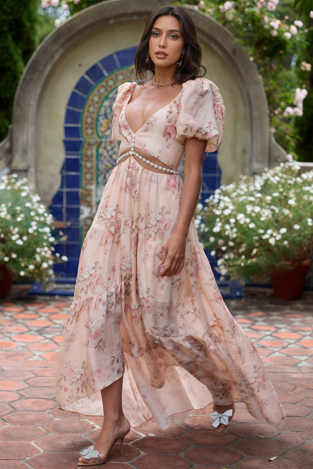 Orlana Printed High Split V-Neck Maxi Dress