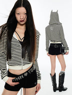 Striped Cat Ear Zip Hoodie