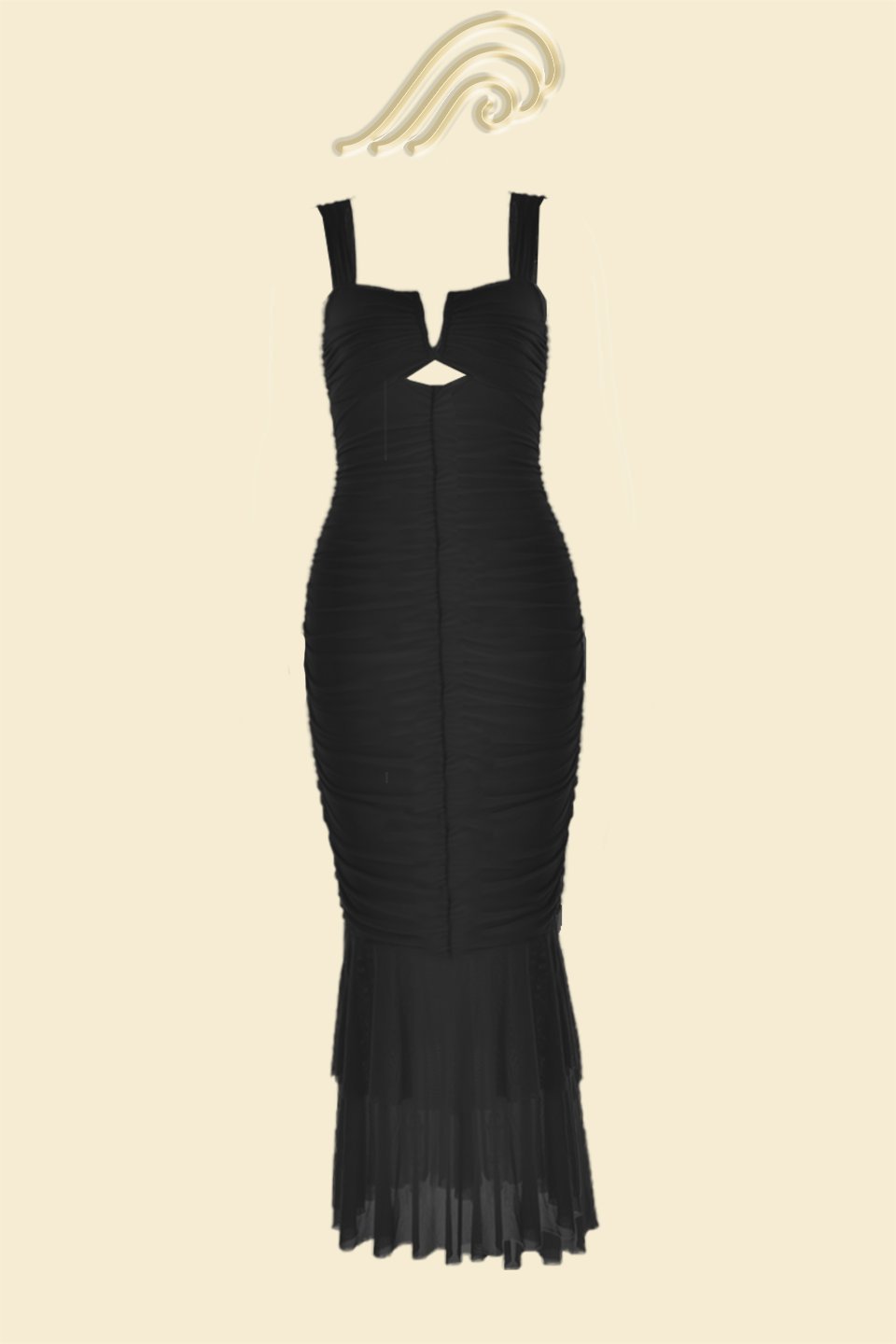 Dulce Aesthetic Flared Ruched Mesh Midi Dress Designer Edit