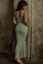 Dulce Aesthetic Flared Ruched Mesh Midi Dress Designer Edit