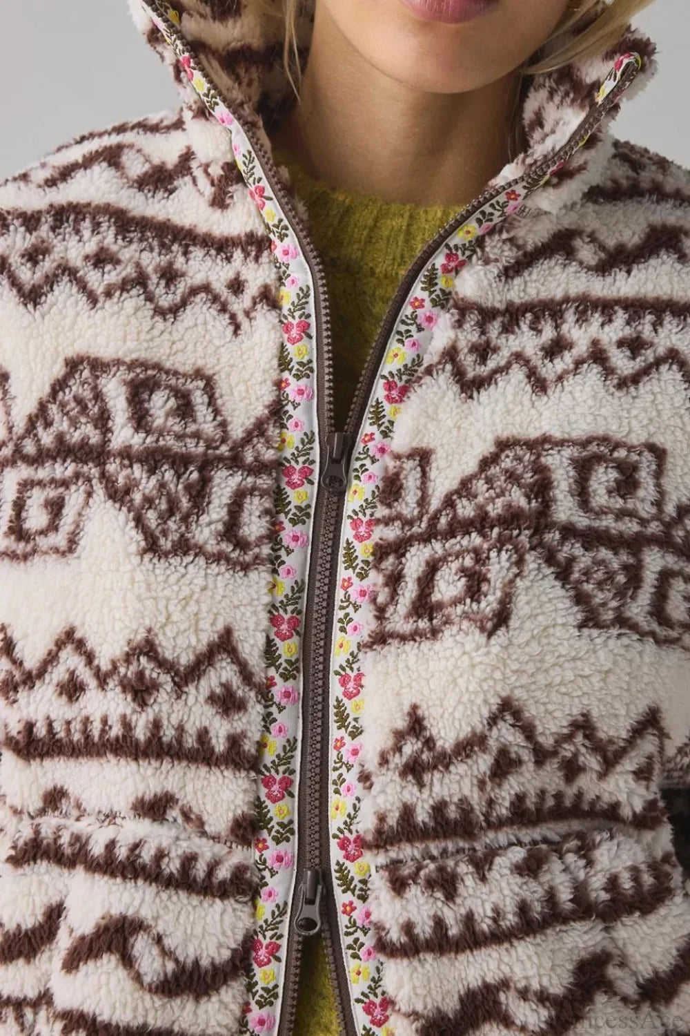 Ethnic Fleece Stand Collar Zipper Coat