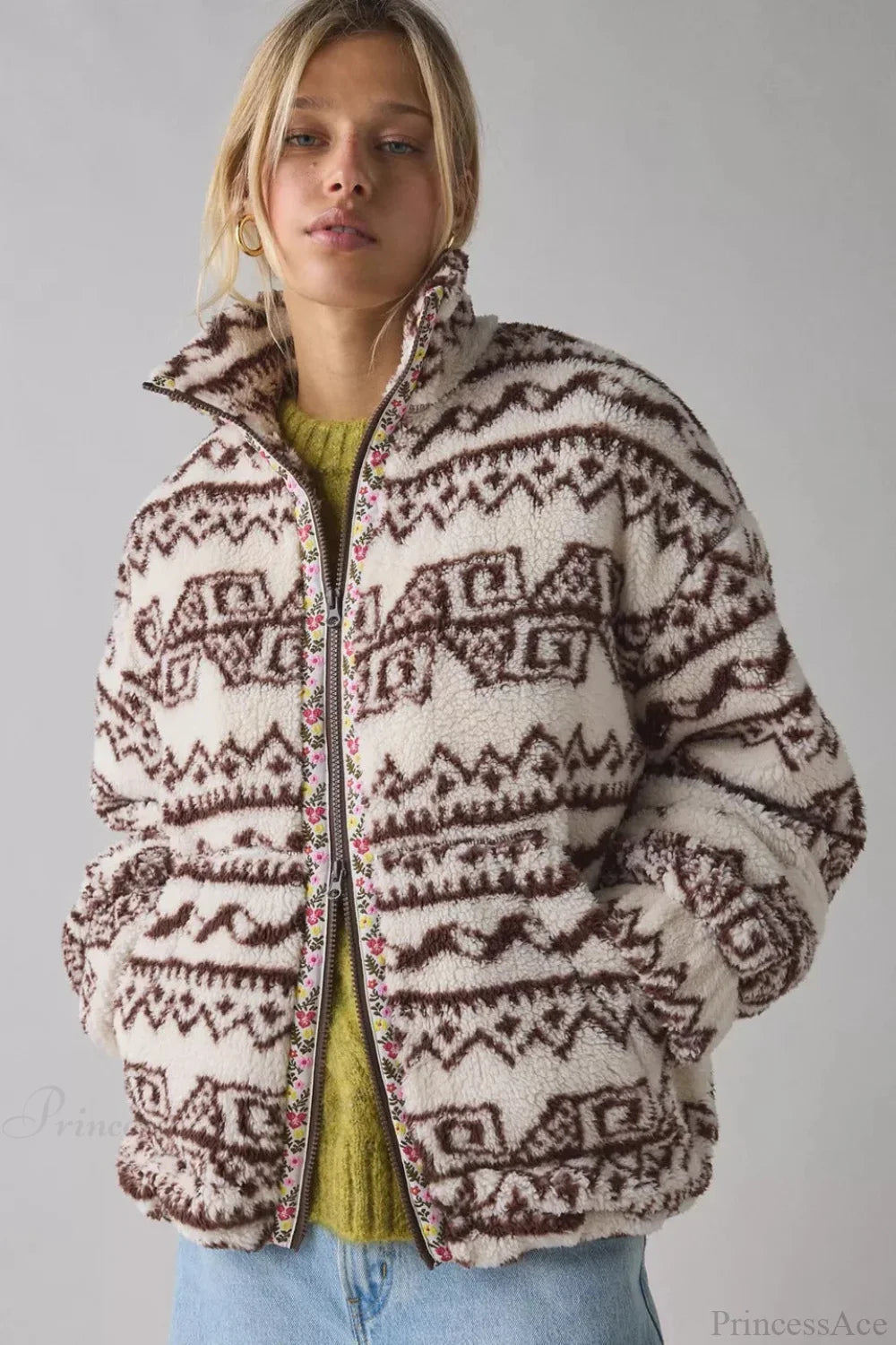 Ethnic Fleece Stand Collar Zipper Coat