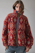 Ethnic Fleece Stand Collar Zipper Coat
