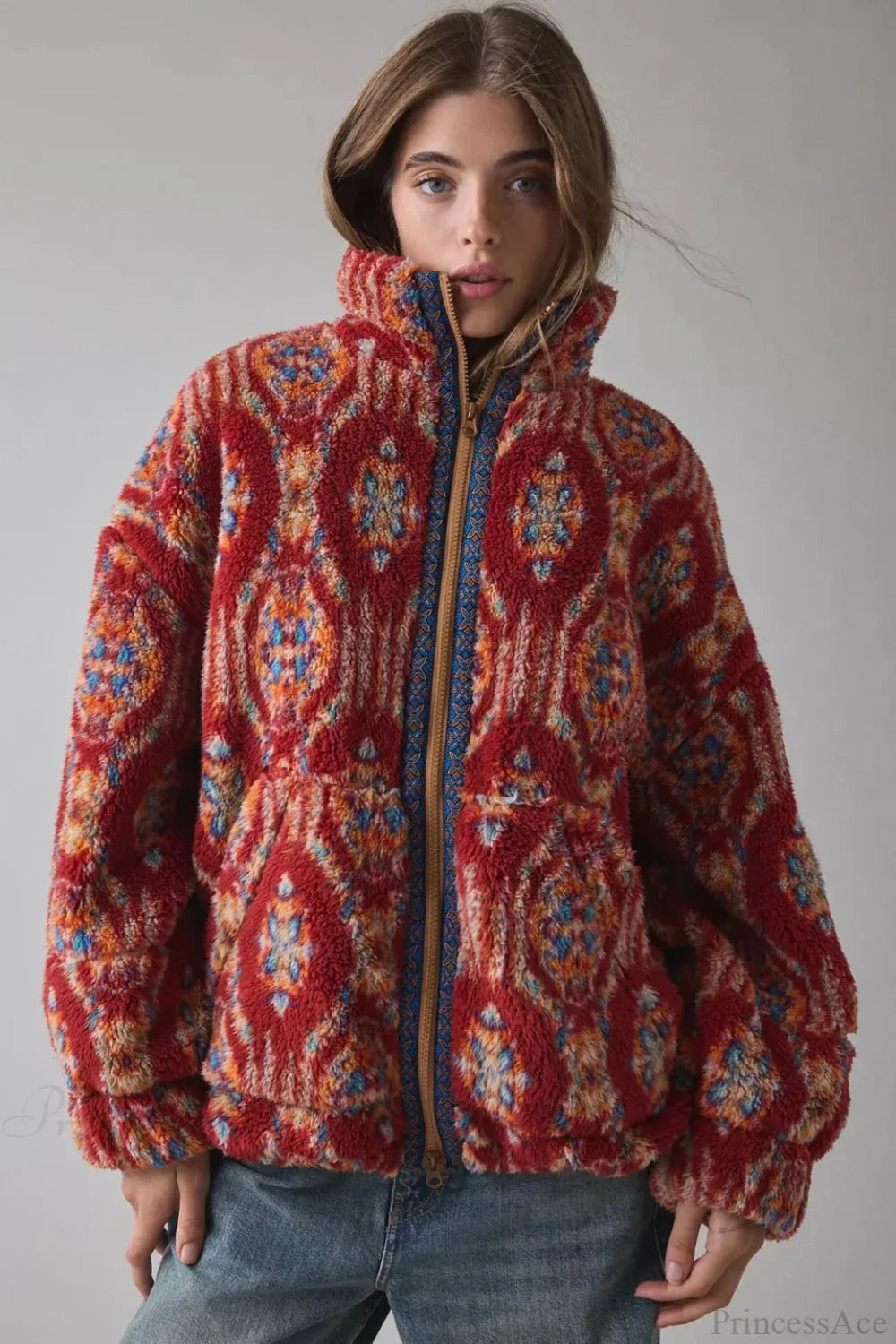 Ethnic Fleece Stand Collar Zipper Coat