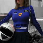 European American Motorcycle Style Letter Print Slim Knit Top