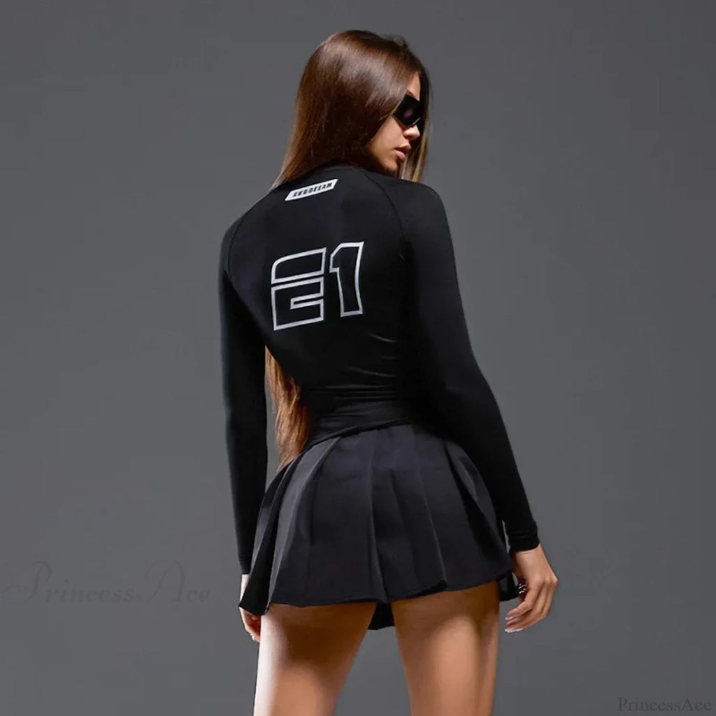 European American Motorcycle Style Letter Print Slim Knit Top