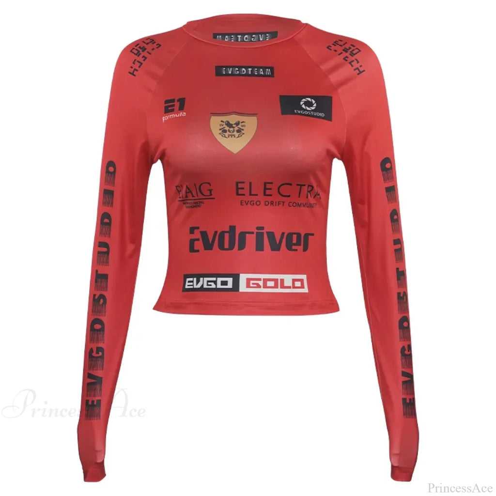 European American Motorcycle Style Letter Print Slim Knit Top