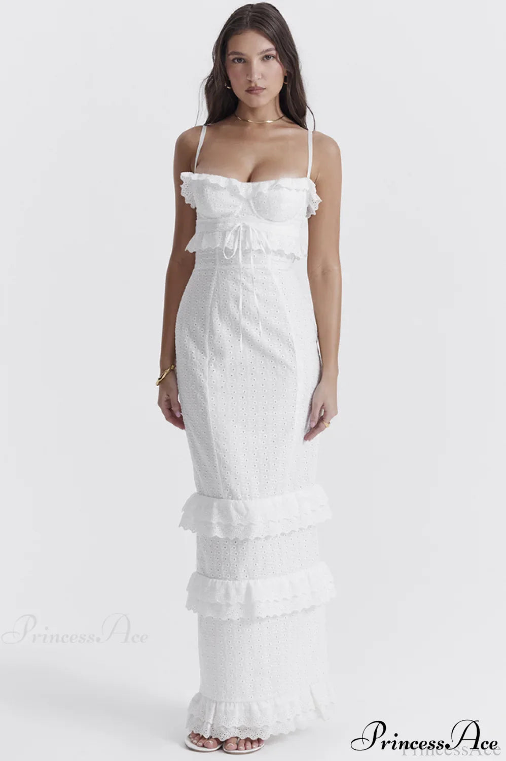 Eve White Stylish Broderie Maxi Dress