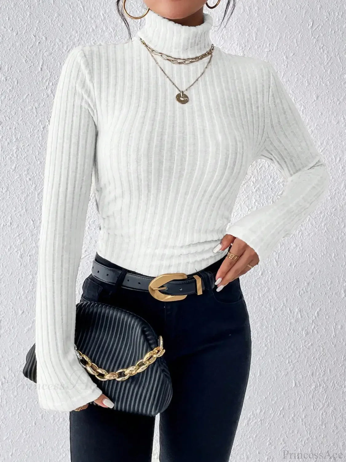 Explosive Solid Color High-Neck Slim Long Sleeve Top Women