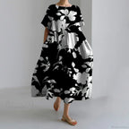 Exquisite 3D Floral Print Short Sleeve Midi Evening Dress