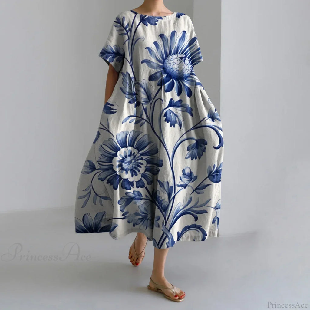 Exquisite 3D Floral Print Short Sleeve Midi Evening Dress