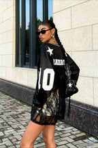 Lace Sheer V Neck Print Sweatshirt