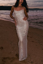 Purple Chic Midnight Fantasy Stretch Sequin Mesh Strap Open Back Maxi Dress Designer Edit