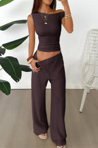 Textured Asymmetrical Tank Top Wide Leg Pants Set