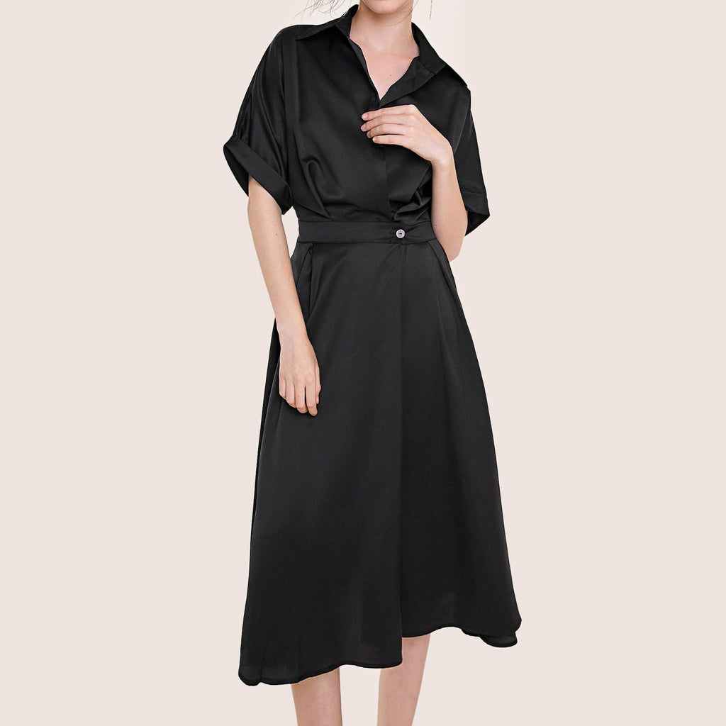Black Short Sleeve Pleat Detail Shirt Dress