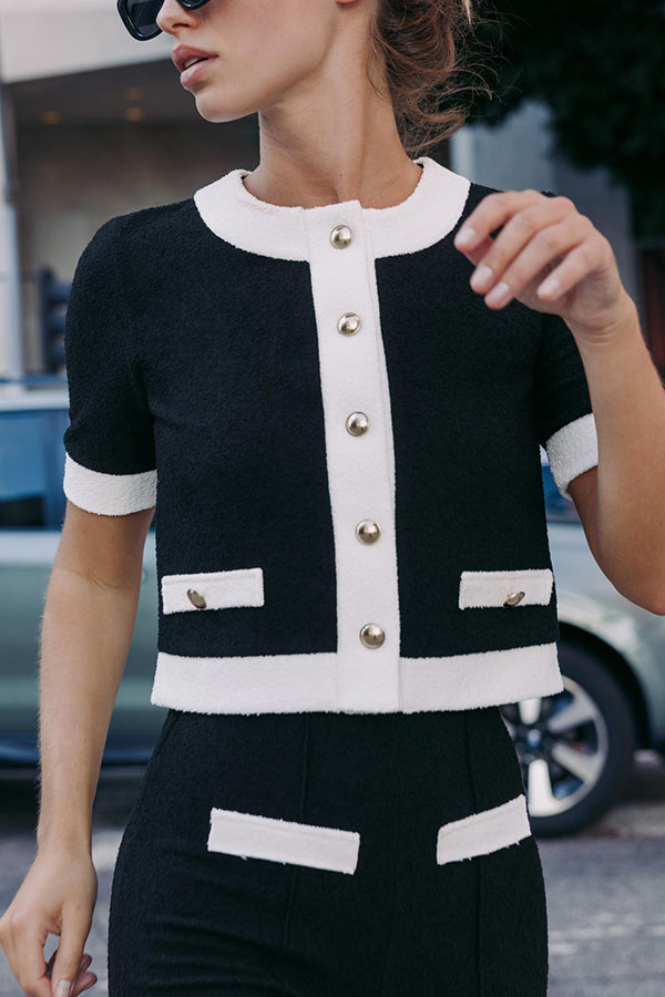 Fashionable Contrast Color Short-sleeved Button-down Top