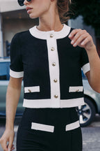 Fashionable Contrast Color Short-sleeved Button-down Top