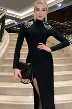 Elegant Mock Neck Long Sleeve Solid High Waist Rhinestone Split Formal Dress