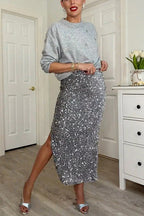 Side Slit Glitter Sequin Midi Skirt