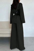 Solid Color Collared Long-sleeved Tie-waist Loose Top and Elastic Waist Casual Wide-leg Pants Set