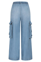Winnie Denim Mid Rise Elastic Waist Flap Pockets Wide Leg Cargo Pants
