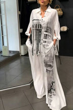 Street Style Graffiti Print Button Half Sleeve Blouse and Elastic Waist Pocket Wide Leg Pants Set