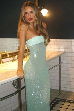 Sexy Strapless Solid Color Slim Fit Long Sequin Prom Dress