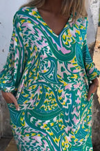 Printed V-neck Pullover Long-sleeved Loose Dress