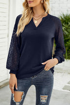 Waffle Grace Stitching Long Sleeve V-Neck T-Shirt Top Women
