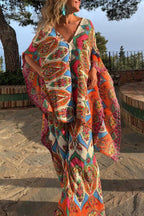 Colorful Day Unique Print Loose Cape and Elastic Waist Pocketed Pants Set