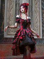 Japanese Gothic Style Red Black Halloween OffShoulder Court Wave Autumn Dark HighWaist Lolita Party Dress