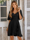 Rosa Elevated High Quality V Neck Solid Color Waistband Ruffle Dress Statement Occasion Edit