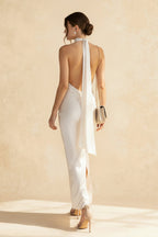 Vintage Solid Satin Backless Maxi Dress