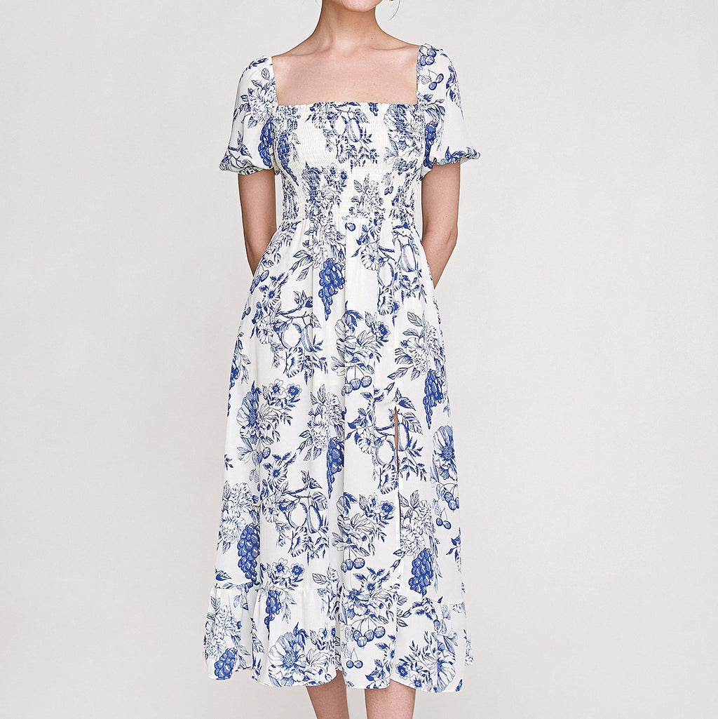 Blue Fruit Print Smocked Puff Sleeve Maxi Dress