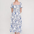 Blue Fruit Print Smocked Puff Sleeve Maxi Dress