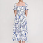Blue Fruit Print Smocked Puff Sleeve Maxi Dress