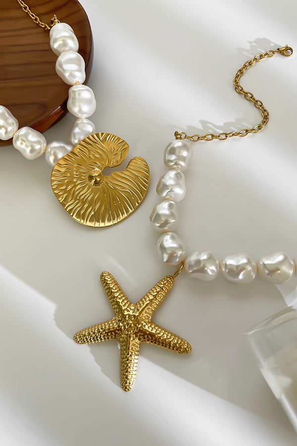 Bohemian Pearl Starfish Lotus Leaf Necklace
