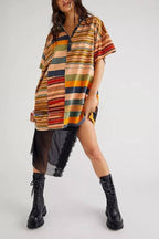 Tatiana Effortless Casual Dress with Mediumength Sleeves, Lapels and Contrasting Stripes Premium Wardrobe Essential