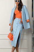 Striped Lapel Long Sleeve Blazer Split Bodycon Two Piece Set