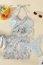 Metallic Halter Neck Tassel Stretch Bikini Swimsuit and Tassel Tie Skirt Three-piece Set