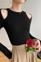 Retro Crew Neck Off-Shoulder Split-Cuff Slim Knit Top