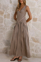 Striped Print Tie Backless Sleeveless V-Neck Elegant Maxi Dress