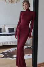 Turtleneck Long Sleeve Paneled Tie Waist Fitted Solid Sweater Dress