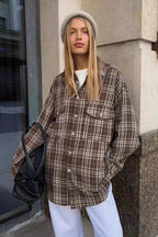 Vintage American Plaid Double-Pocket Mid-Length Blouse