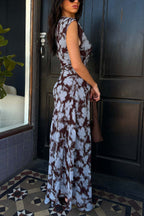 Unique Print Asymmetrical Off-Shoulder Pleated Waist Casual Maxi Dress