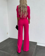 Fashionable solid color high waisted straight pants suit