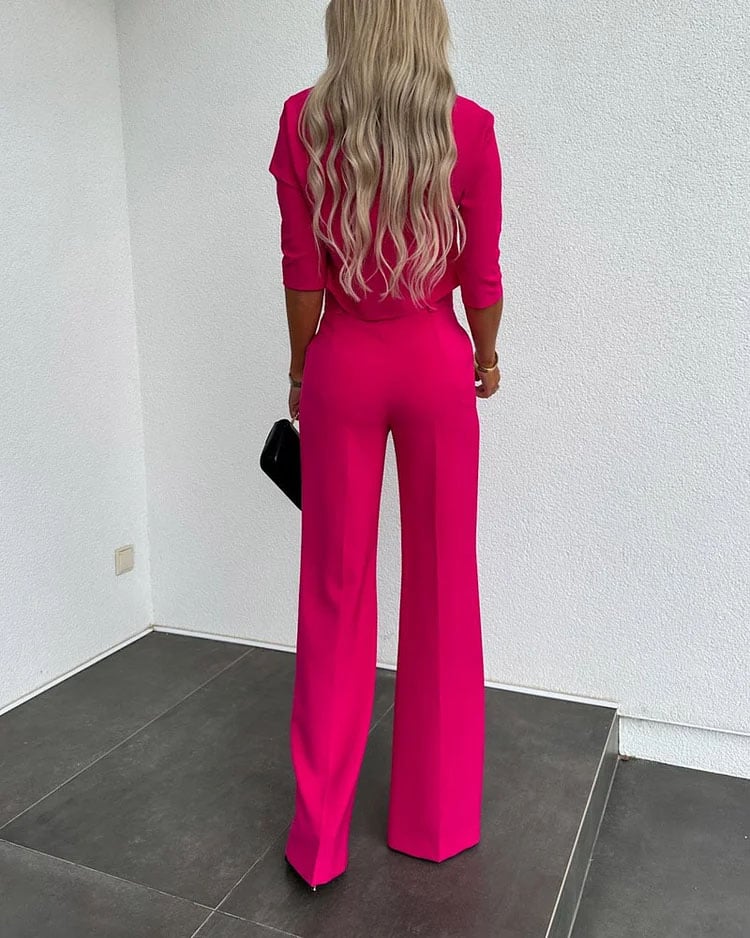 Fashionable solid color high waisted straight pants suit