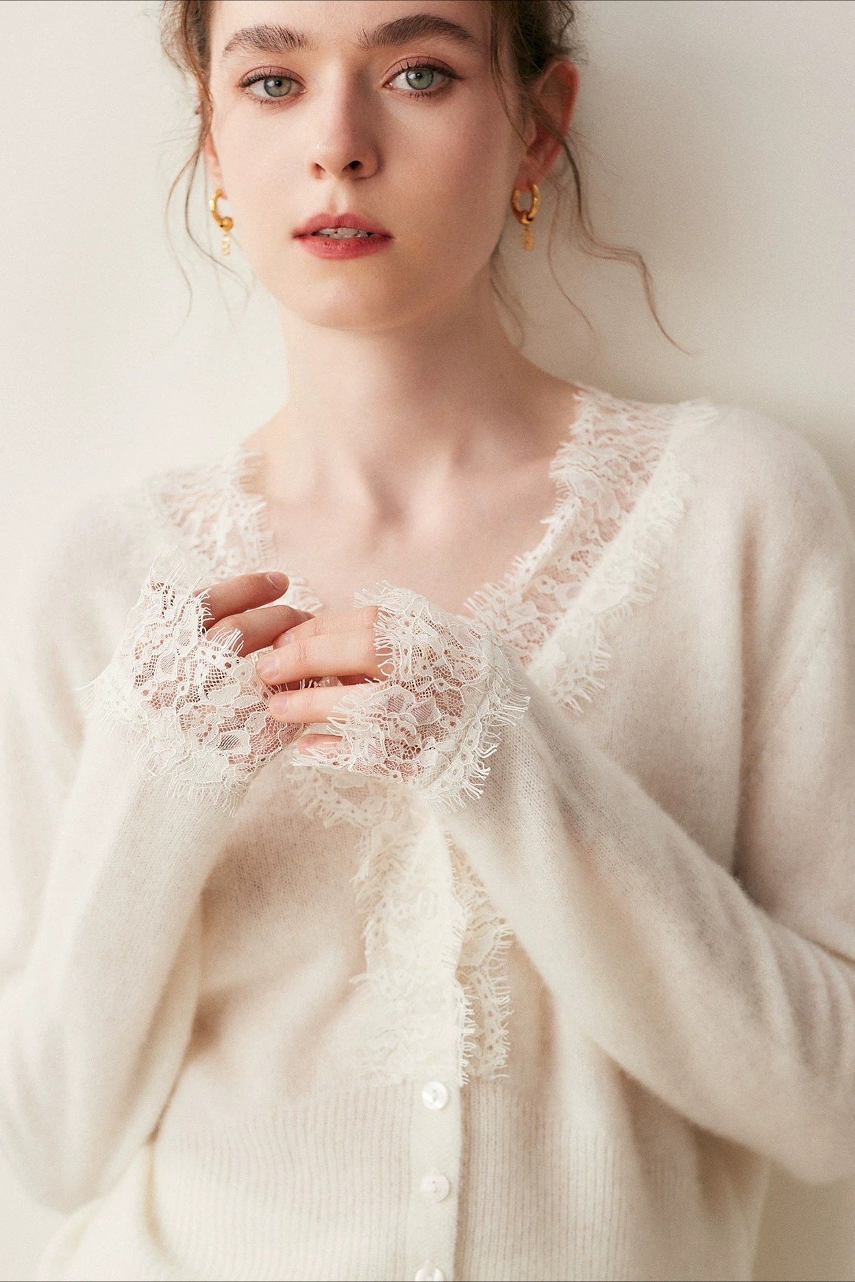 Lace Trim V Neck Cashmere Cardigan