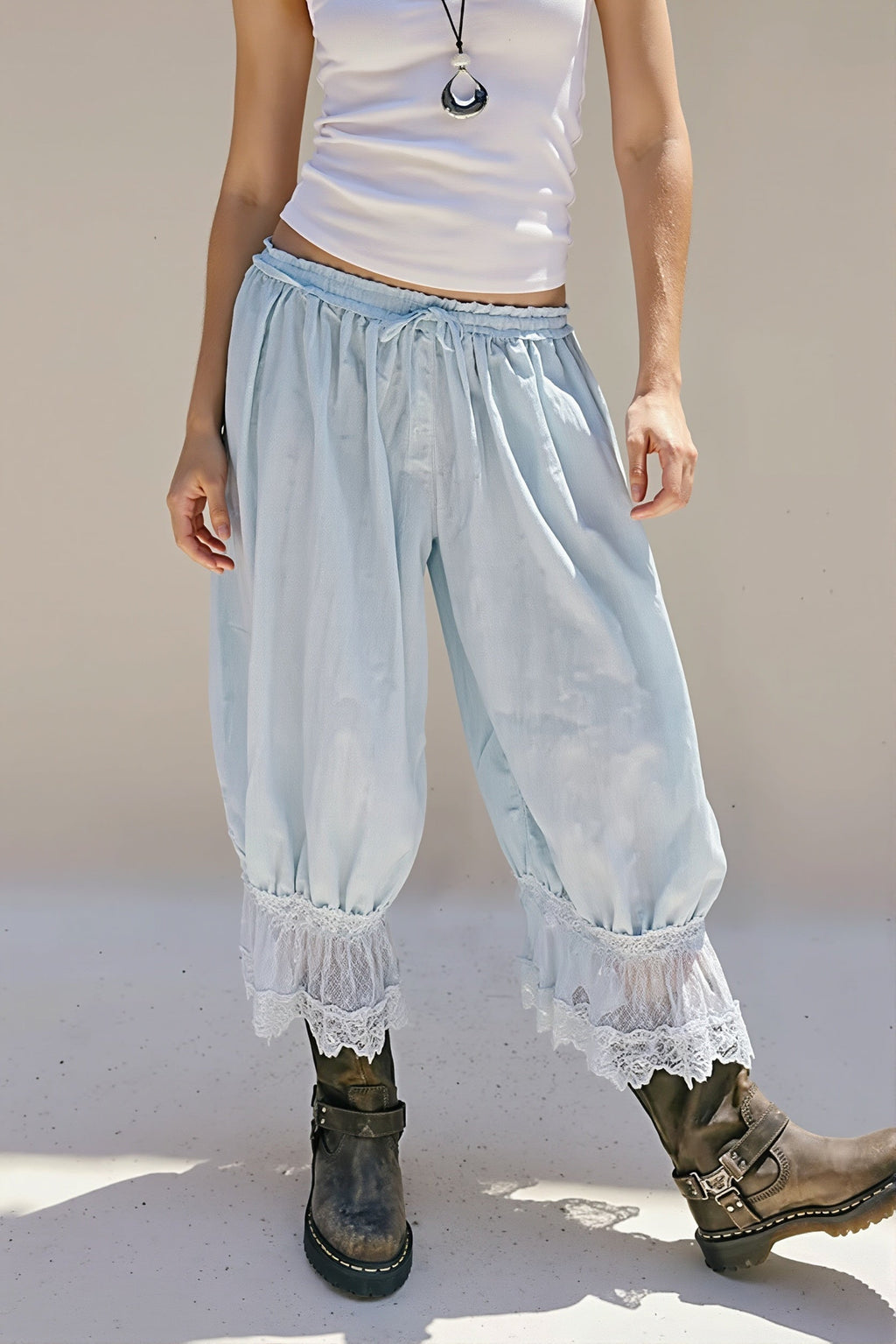 Hollow Out Lace Tie Casual Pants