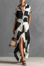 Geometric Color-blocked Print Lapel Short-sleeved Button-down Casual Maxi Dress